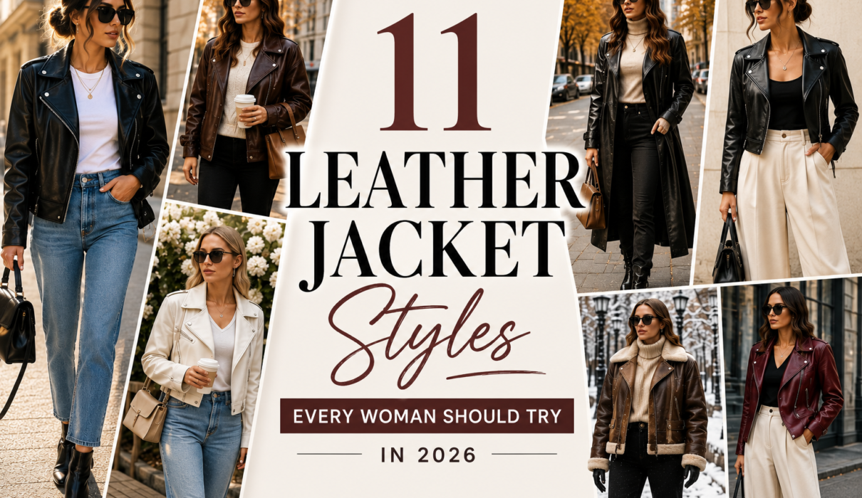 Woman wearing a stylish oversized brown leather jacket with jeans and boots in a modern street-style outfit.