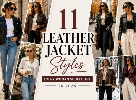 Woman wearing a stylish oversized brown leather jacket with jeans and boots in a modern street-style outfit.