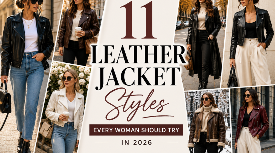 Woman wearing a stylish oversized brown leather jacket with jeans and boots in a modern street-style outfit.