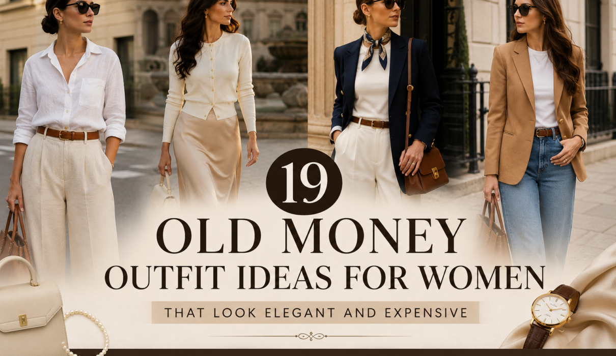 Old Money Outfit Ideas for Women featuring elegant neutral outfits including blazers, linen trousers, midi skirts, and timeless luxury fashion inspiration.