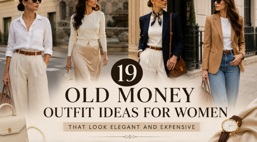 Old Money Outfit Ideas for Women featuring elegant neutral outfits including blazers, linen trousers, midi skirts, and timeless luxury fashion inspiration.